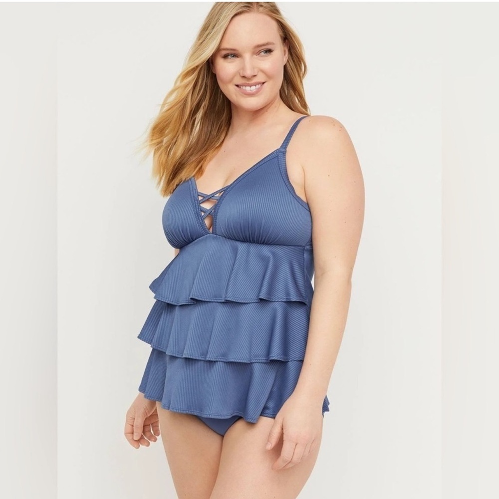 Cacique Swim swimsuit Blue Tiered Ribbed Tankini Top size 20